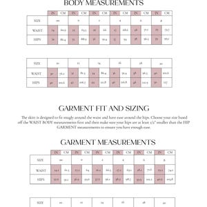 May include: A white page with tables detailing body and garment measurements in inches (in) and centimeters (cm). The text reads "CHOOSE YOUR SIZE" and provides waist and hip measurements for various sizes.