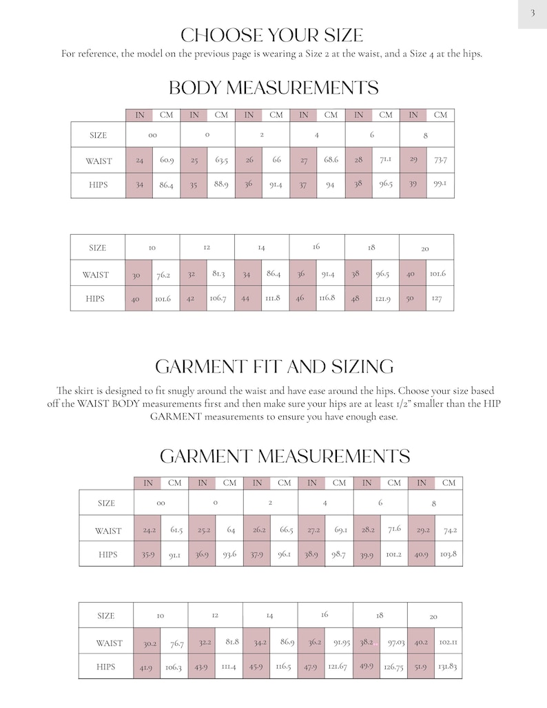 May include: A white page with tables detailing body and garment measurements in inches (in) and centimeters (cm). The text reads "CHOOSE YOUR SIZE" and provides waist and hip measurements for various sizes.