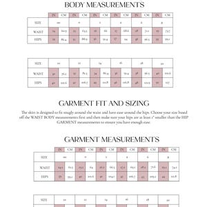 May include: A page with size charts for a skirt, including body and garment measurements in inches and centimeters. The text includes "Choose Your Size" and details on how to measure for a good fit.