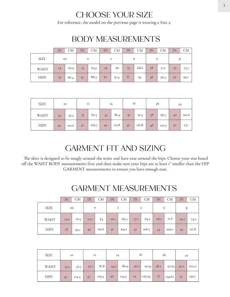 May include: A page with size charts for a skirt, including body and garment measurements in inches and centimeters. The text includes "Choose Your Size" and details on how to measure for a good fit.