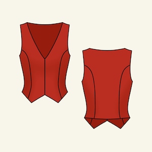 May include: A red sleeveless vest with a V-neck and a pointed hem. The vest is shown from the front and back.