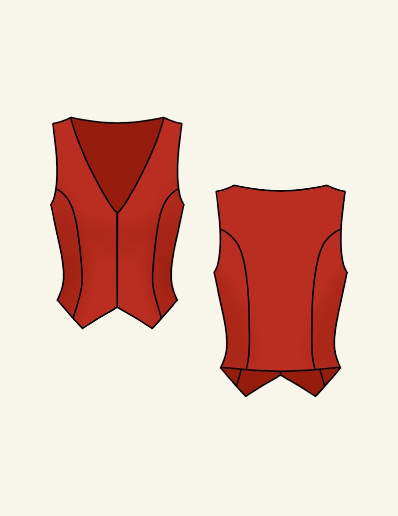 May include: A red sleeveless vest with a V-neck and a pointed hem. The vest is shown from the front and back.