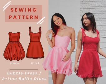 Bubble Dress and A Line Ruffle Dress Digital PDF Sewing Pattern // US Size 00-14