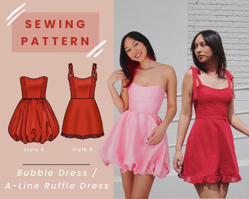 Bubble Dress en A Line Ruffle Dress Digitale PDF Naaipatroon // Amerikaanse maat 00-14 afbeelding 1