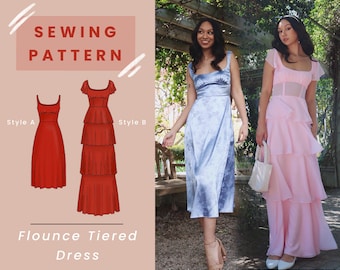 Flounce Tiered Dress Digital PDF Sewing Pattern with Mini, Midi, and Maxi Options (PROM and Wedding Guest Dress) // US Size 00-14