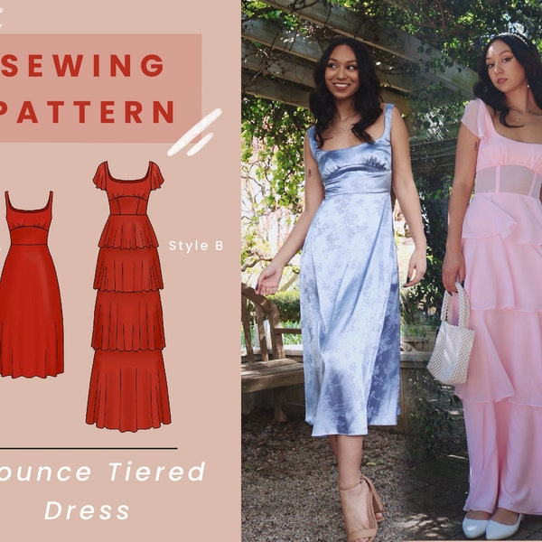 Flounce Tiered Dress Digital PDF Sewing Pattern with Mini, Midi, and Maxi Options (PROM and Wedding Guest Dress) // US Size 00-14