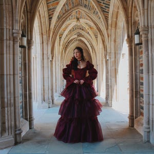 K&ouml;nnte beinhalten: Ein burgunderfarbenes, mehrschichtiges Abendkleid mit langen &Auml;rmeln und einem quadratischen Ausschnitt. Das Kleid wird in einem gew&ouml;lbten Steinflur mit einer Ziegeldecke getragen. Das Kleid hat einen geschichteten Rock und wird mit einem schwarzen Halsband erg&auml;nzt.