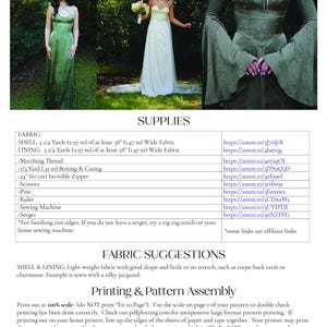 May include: Image features three women in elegant dresses. The dresses are in shades of green and white. The image also includes a list of supplies, fabric suggestions, and printing instructions for a sewing pattern.