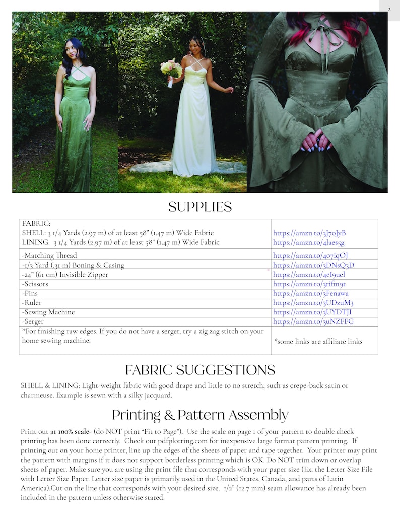 May include: Image features three women in elegant dresses. The dresses are in shades of green and white. The image also includes a list of supplies, fabric suggestions, and printing instructions for a sewing pattern.