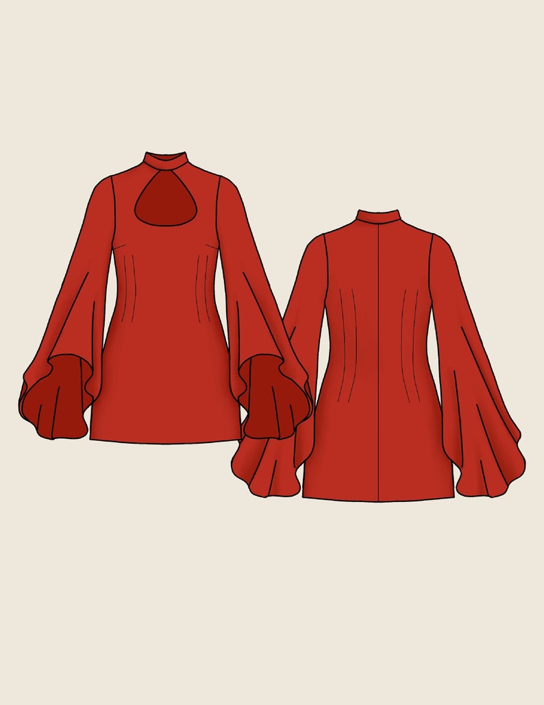 Op de afbeelding: Een rode jurk met een hoge hals en lange mouwen. De mouwen hebben een breed, gerimpeld ontwerp. De jurk heeft een sleutelgat-uitsnijding bij de halslijn.
