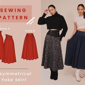 Op de afbeelding: Naaipatroon voor een asymmetrische yoke rok, met twee stijlopties. De afbeelding toont een rode illustratie van de rokontwerpen en twee modellen die de rok dragen. De tekst "Sewing Pattern" en "Asymmetrical Yoke Skirt" is ook zichtbaar.