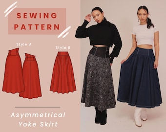 Asymmetrical Yoke Skirt Digital PDF Sewing Pattern // US Size 00-20 Instant Download with 4 Printable Sizes