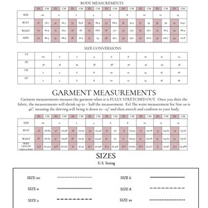 Op de afbeelding: Een maattabel voor dameskleding met maten in inches en centimeters. De tabel bevat US, EU, UK en AU maten. De tabel bevat ook kledingmaten voor borst, taille en rok lengte.