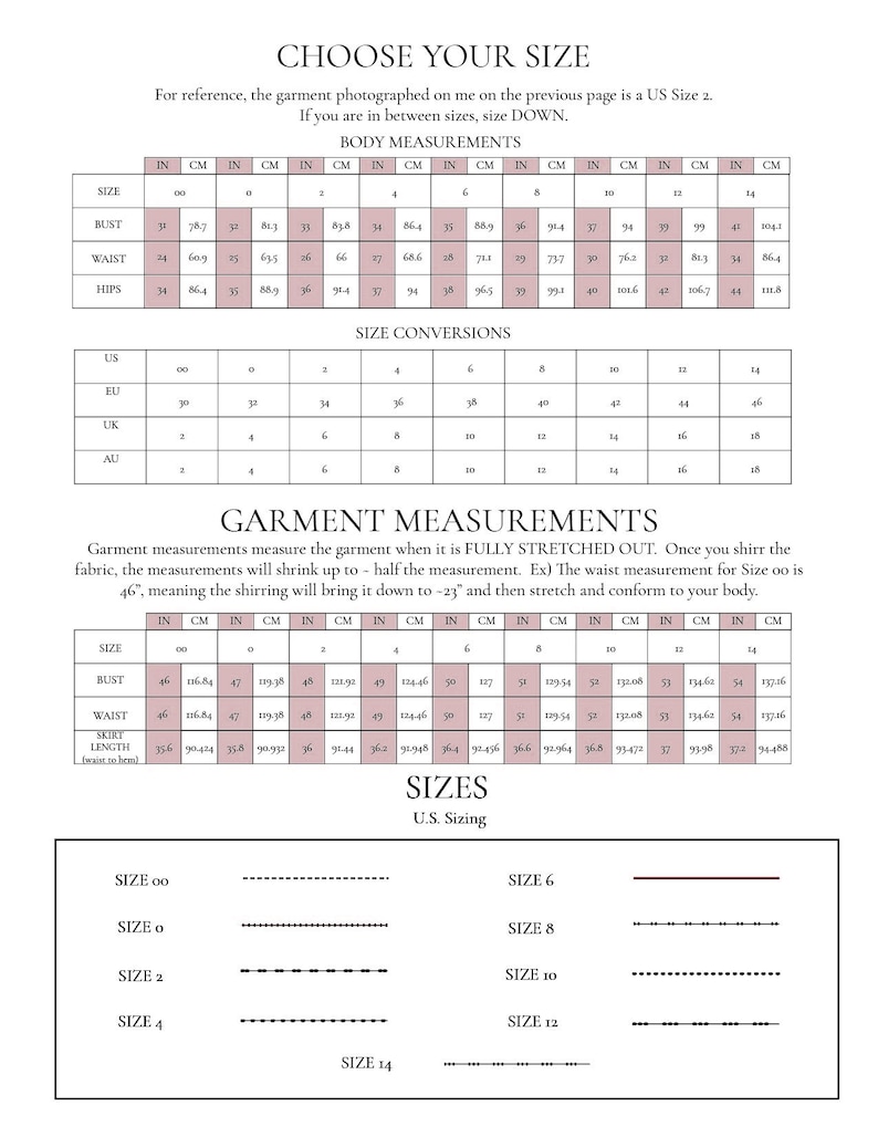 Op de afbeelding: Een maattabel voor dameskleding met maten in inches en centimeters. De tabel bevat US, EU, UK en AU maten. De tabel bevat ook kledingmaten voor borst, taille en rok lengte.