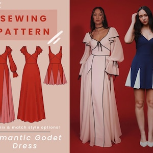 Może przedstawiać: Wzór do szycia z trzema wzorami sukienek w kolorze czerwonym i różowym oraz dwiema kobietami w sukienkach. Wzór zawiera tekst "Sewing Pattern" i "Romantic Godet Dress". Sukienki są w odcieniach czerwieni, różu i granatu.