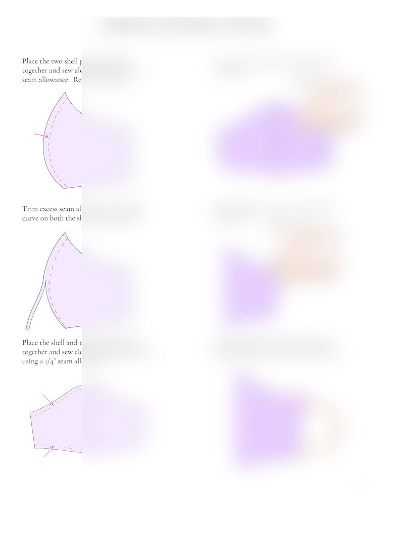 May include: Diagram showing how to sew two fabric pieces together to create a curved shape. The instructions include placing the fabric pieces right sides together, sewing along the curved edge, trimming the seam allowance, and then sewing the two pieces together again using a 1/4 inch seam allowance.