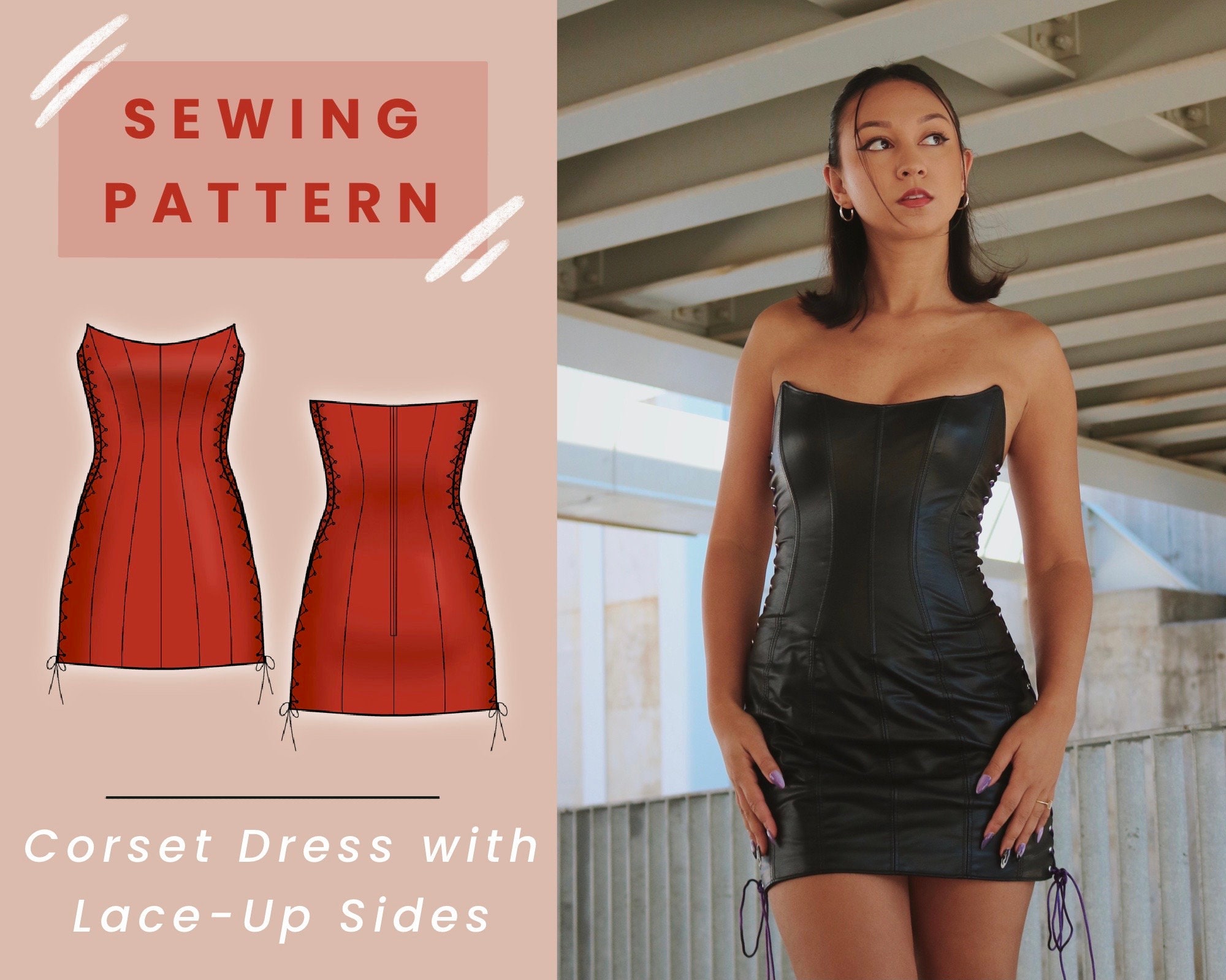 Corset Dress With Lace-up Sides Digital PDF Sewing Pattern // US Size 00-14  // Instant Download With 4 Printable Sizes 