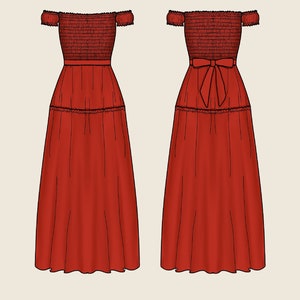 Op de afbeelding: Een rode off-shoulder jurk met een gerimpelde buste, een strik in de taille en een gelaagde rok.