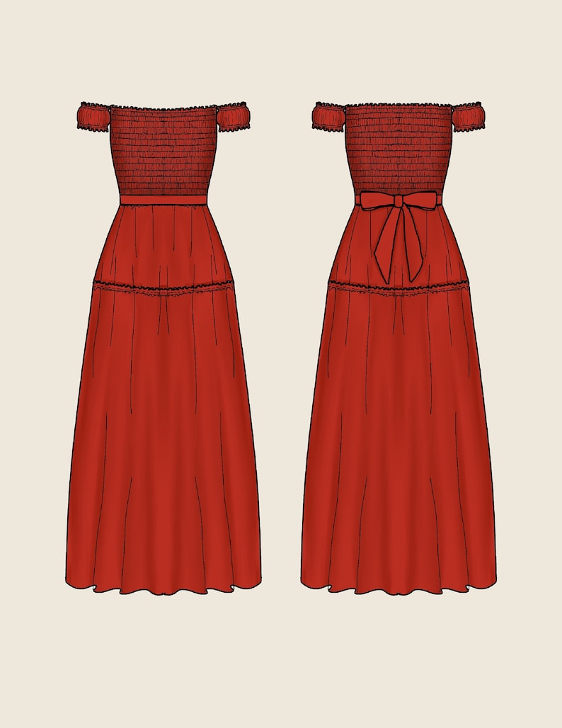 Op de afbeelding: Een rode off-shoulder jurk met een gerimpelde buste, een strik in de taille en een gelaagde rok.