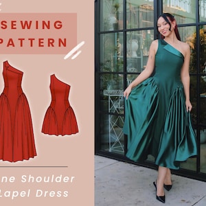 Puede incluir: Un vestido verde de un solo hombro con falda plisada. La imagen también muestra un patrón de costura con ilustraciones del vestido en rojo. El texto en el patrón dice "Sewing Pattern" y "One Shoulder Lapel Dress".