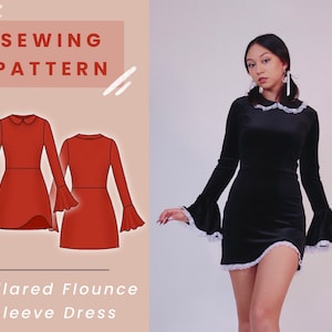 Collared Flounce Sleeve Mini Dress Digital PDF Sewing Pattern // Size XS-XL // Instant Download with 4 Printable Sizes