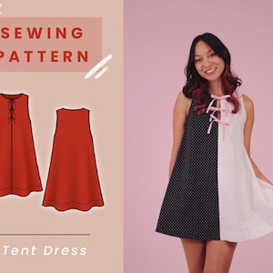 Könnte beinhalten: Schnittmuster für ein Zeltkleid mit Schnürung am Ausschnitt. Das Schnittmuster ist mit einem roten Kleid illustriert.