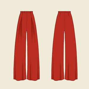 May include: A pair of wide-legged pants in a solid red color. The pants have a high waist and a straight leg.