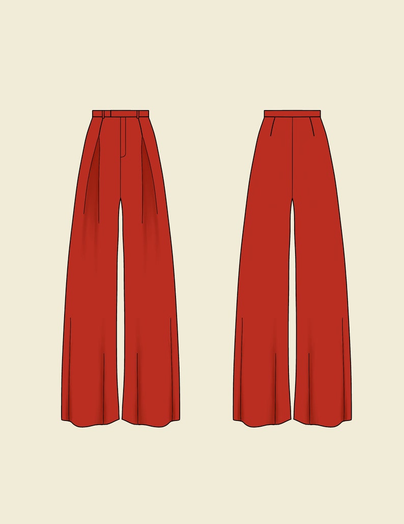 May include: A pair of wide-legged pants in a solid red color. The pants have a high waist and a straight leg.