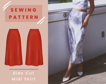 Bias Cut Midi Skirt Digital PDF Sewing Pattern // US Size 00-14 // Instant Download with 4 Printable Sizes