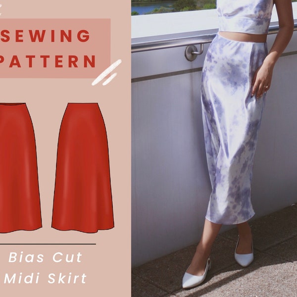 Bias Cut Midi Skirt Digital PDF Sewing Pattern // US Size 00-14 // Instant Download with 4 Printable Sizes