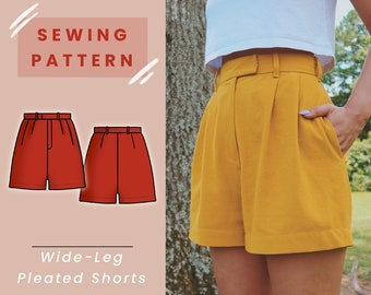 Brede geplooide shorts (hoge taille) Digitale PDF-naaipatroon // Amerikaanse maat 00-14 // Instant Download met 4 afdrukbare maten