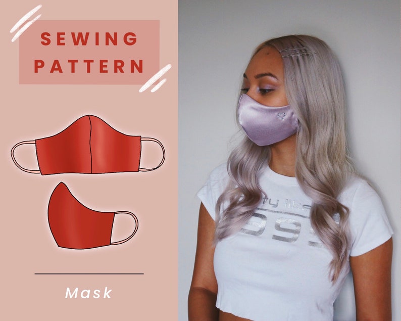May include: Sewing pattern for a face mask. The pattern shows two views of the mask, one with the front facing and one with the back facing. The mask is a simple design with a curved top and a straight bottom. The text "Sewing Pattern" and "Mask" are included in the image.