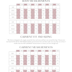 May include: A detailed size chart with body and garment measurements in inches and centimeters. Includes bust, waist, and hip measurements for sizes 00 to 20. Text at the top reads "CHOOSE YOUR SIZE".