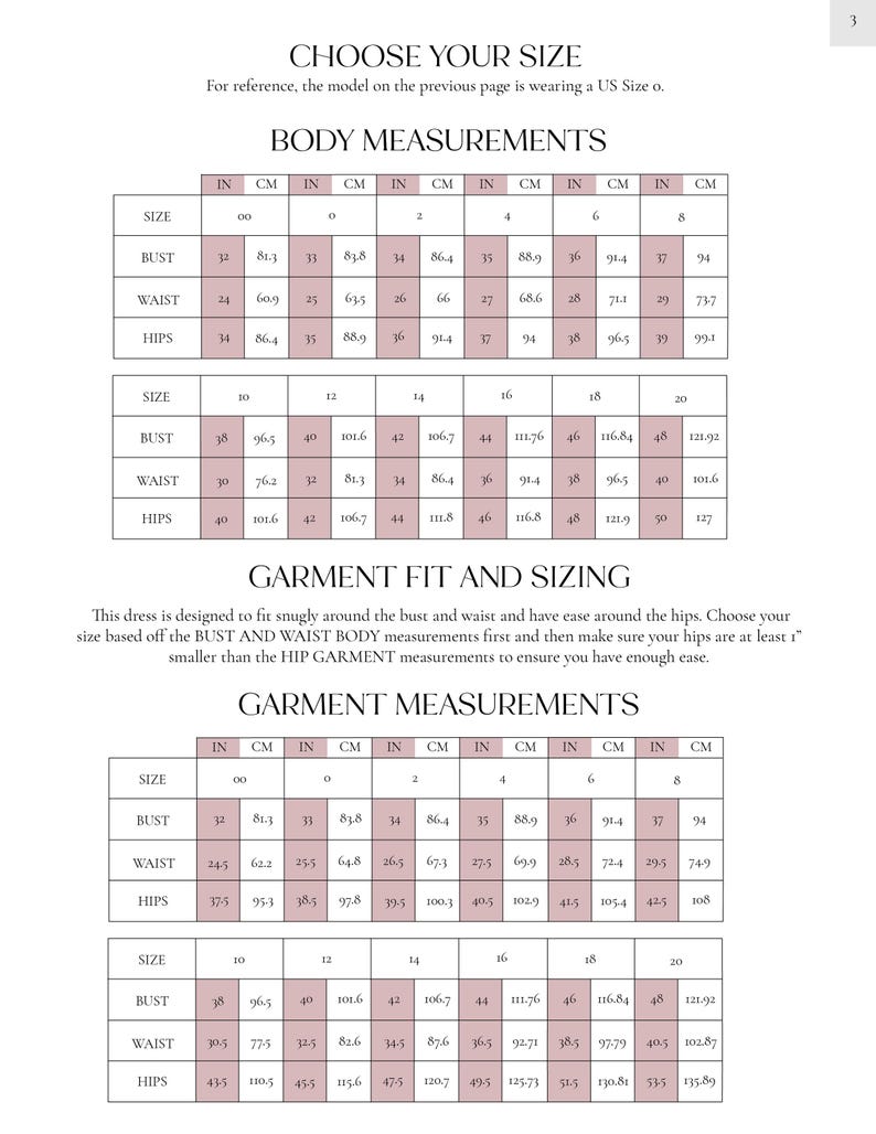 May include: A detailed size chart with body and garment measurements in inches and centimeters. Includes bust, waist, and hip measurements for sizes 00 to 20. Text at the top reads "CHOOSE YOUR SIZE".
