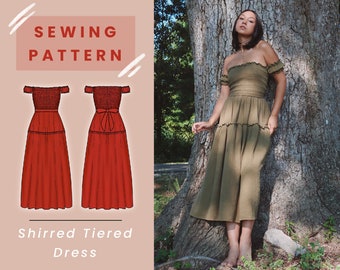 Shirred Midi Cottagecore Dress Digital PDF Sewing Pattern // US Size 00-14 // Instant Download with 4 Printable Sizes