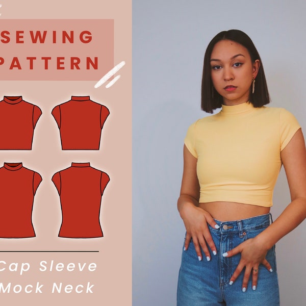 Digitales PDF Schnittmuster Flügelärmel Mock Neck Top // US Größe XS-L // Instant Download mit 4 druckbaren Größen