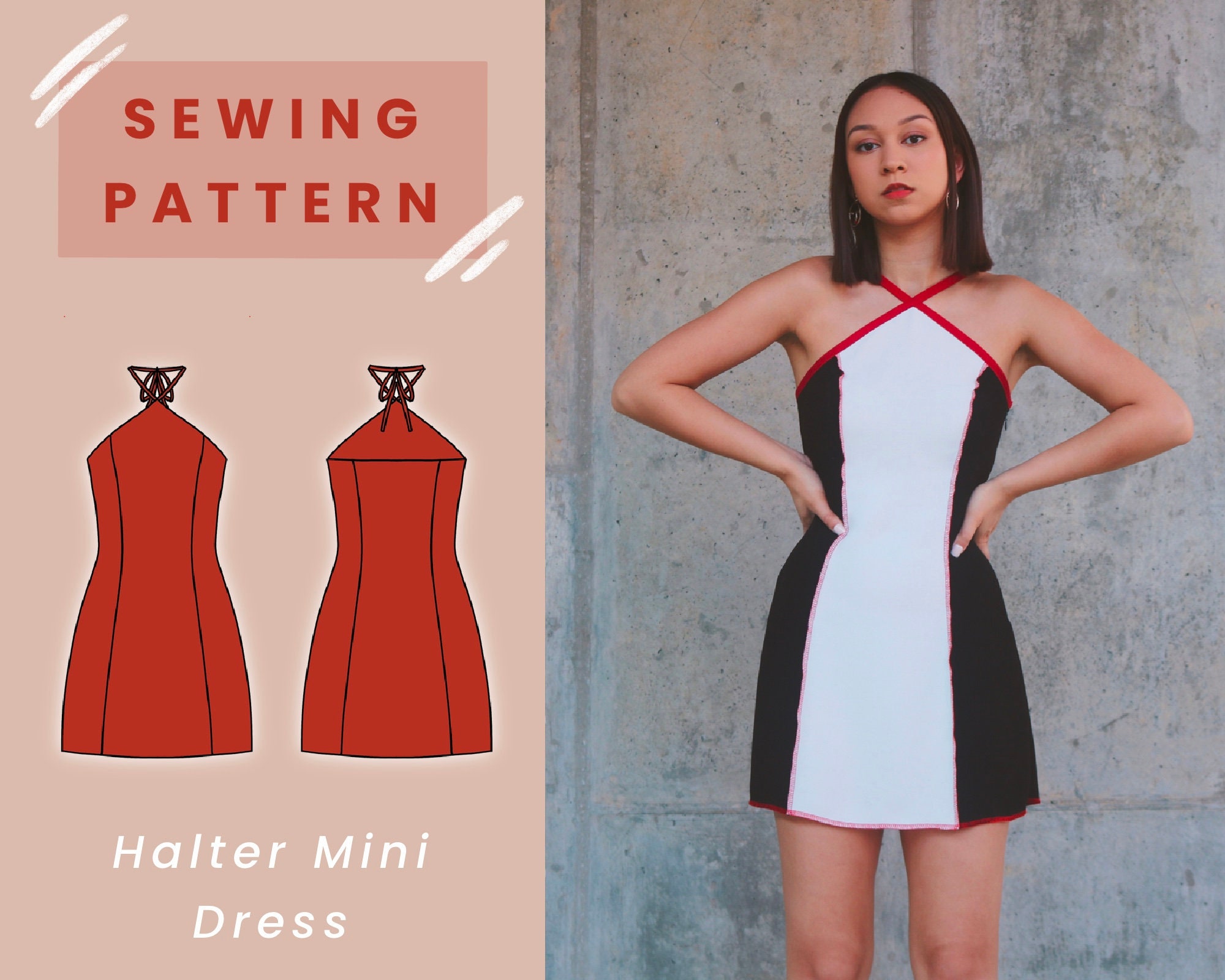 Halter Mini Dress Digital PDF Sewing Pattern // US Size 00-14 // Instant  Download With 4 Printable Sizes 