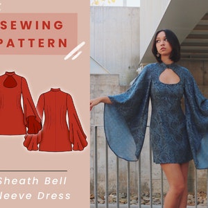 Sheath Bell Sleeve Mini Dress with Keyhole Digital PDF Sewing Pattern // US Size 00-14 // Instant Download with 4 Printable Sizes