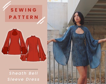Sheath Bell Sleeve Mini Dress with Keyhole Digital PDF Sewing Pattern // US Size 00-14 // Instant Download with 4 Printable Sizes