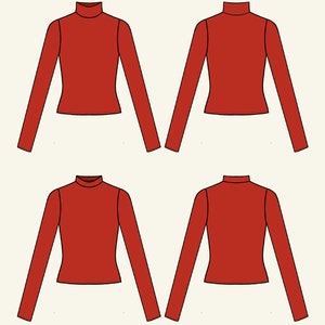 May include: A red long-sleeved turtleneck shirt with a fitted silhouette. The shirt is shown from the front and back.