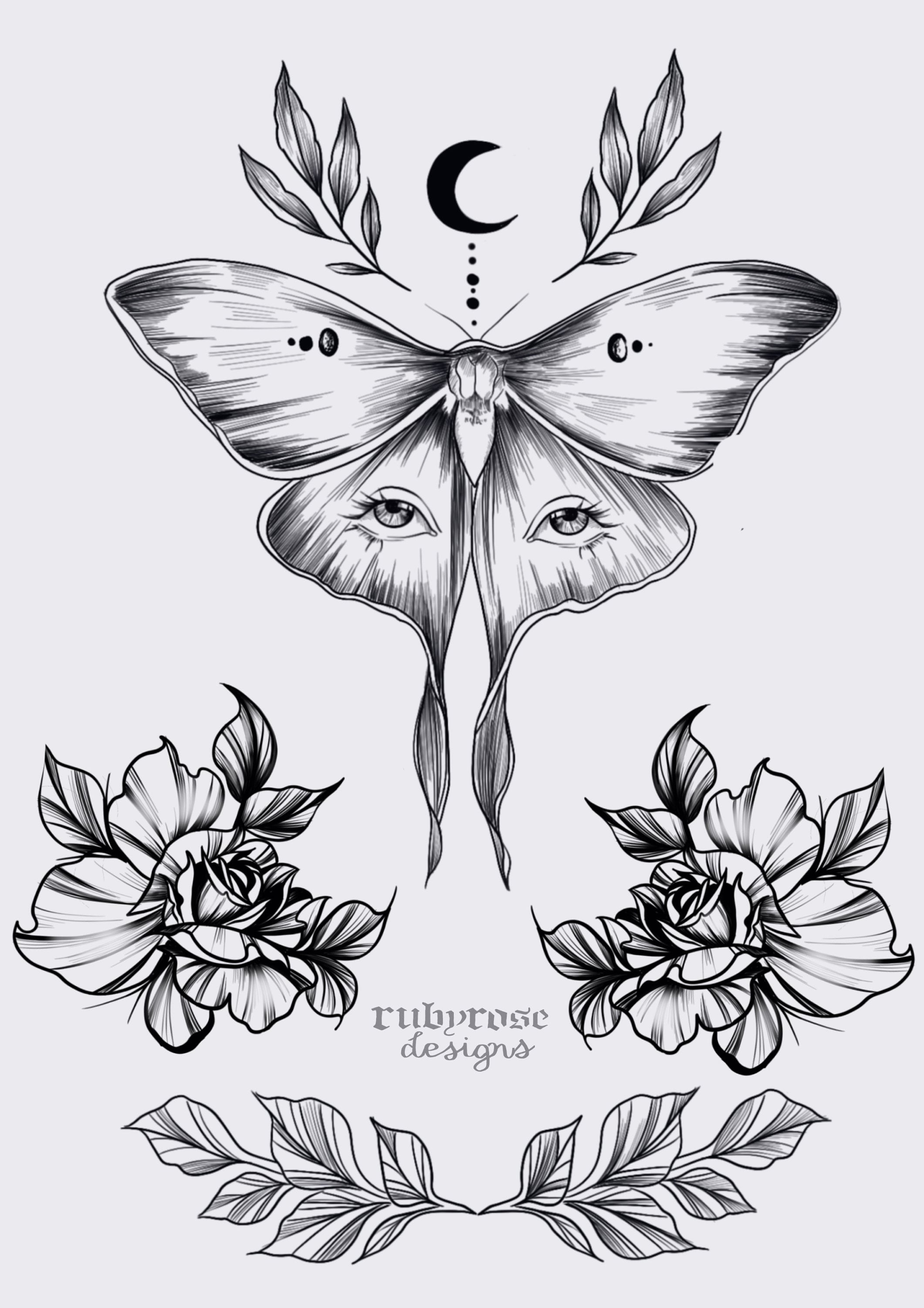 Lunar Moth & Floral Tattoo Fine Line Design Style Wall Art | Etsy