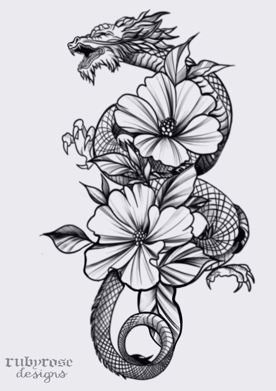 Dragon Floral Tattoo Fine Line Design Style Wall Art Decor Etsy