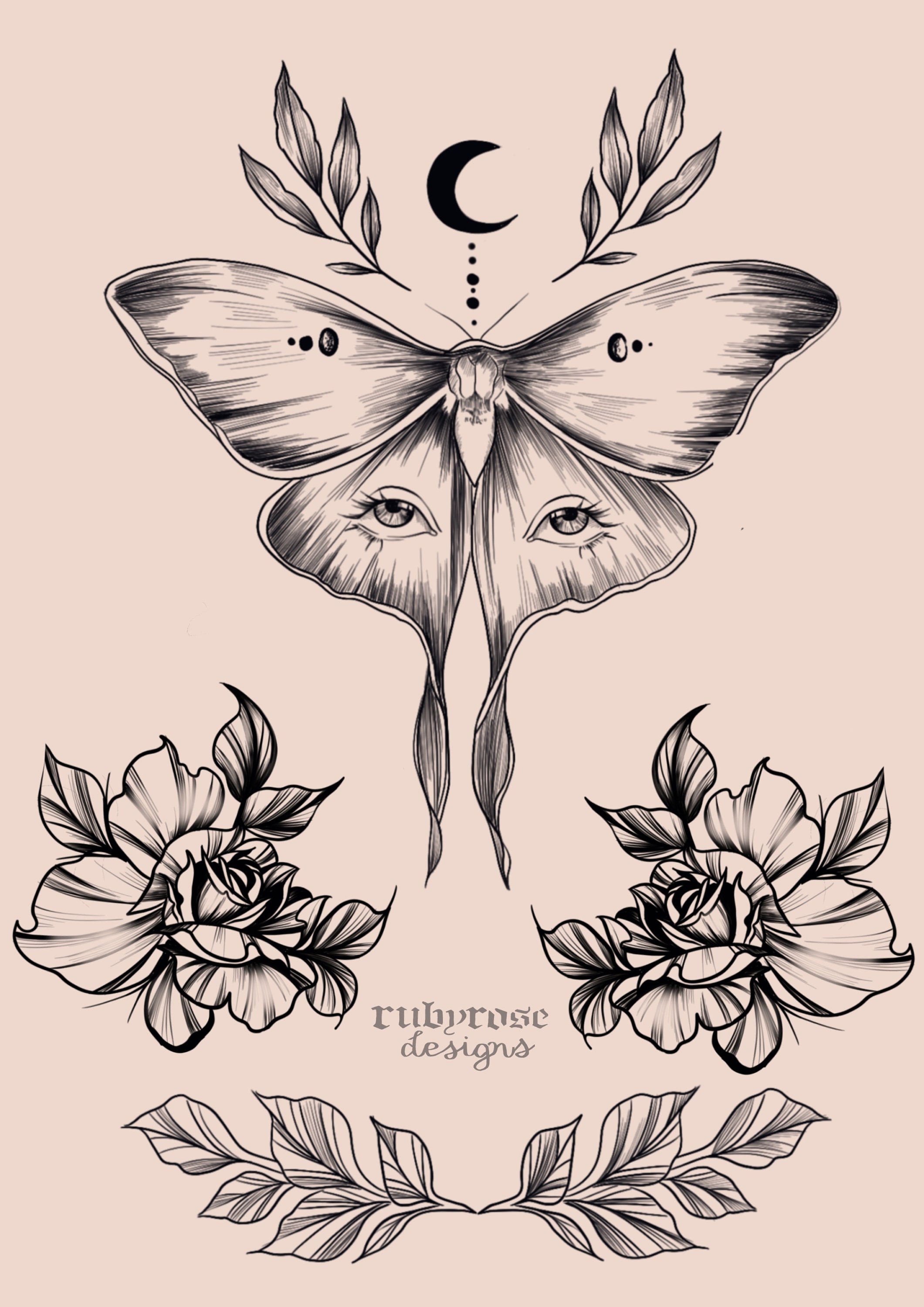 Lunar Moth &amp; Floral Tattoo Fine Line Design Style Wall Art Etsy