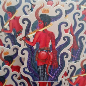 May include: A red, horned, and crowned figure with a flaming sword stands in a field of purple tentacles. The figure is wearing a leather belt and boots.