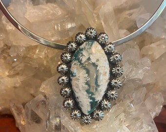 Beautiful Plume Agate /Chrysocolla Doublet set in Sterling Silver with Handmade Embellishments