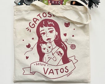 Gatos Before Vatos Tote Bag Eco Friendly Organic Cotton _ Latina Chicana Mexican Accessory