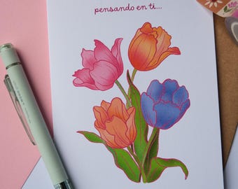 Pensando en Ti | Spanish Blank Card | Latina Birthday Celebration
