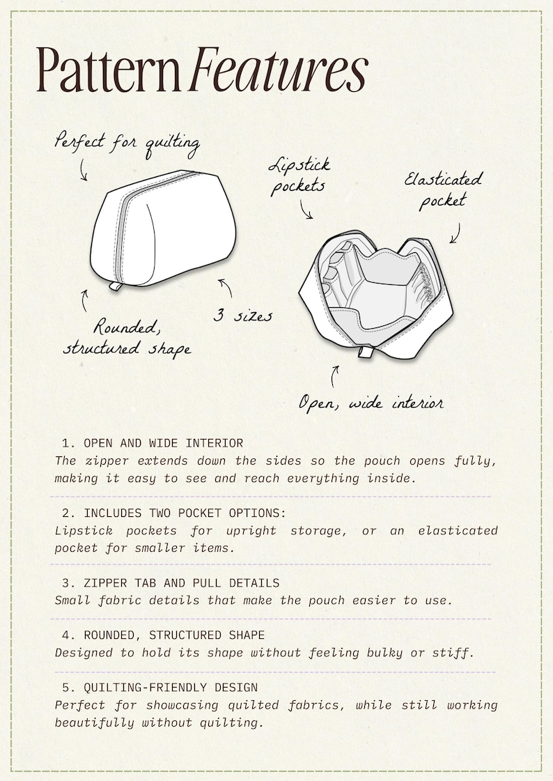 May include: Diagram illustrating a cosmetic pouch with features such as lipstick pockets, an elasticated pocket, and a rounded shape. The text describes the open interior and quilting-friendly design.