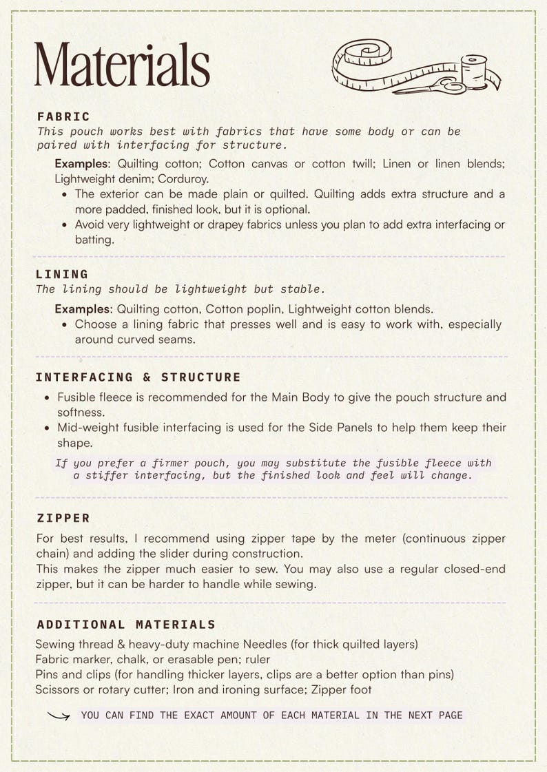 May include: A printed instructional document titled Materials, featuring a brown line drawing of a measuring tape, spool of thread, and scissors. The text provides guidance on fabric, lining, interfacing, zippers, and additional sewing tools.