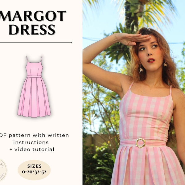 Box Pleated Skirt Dress Vintage Perfect Day Tight Bodice Pink Plaid Halloween Costume Digital PDF Sewing Pattern US Size 00-20 Margot Dress